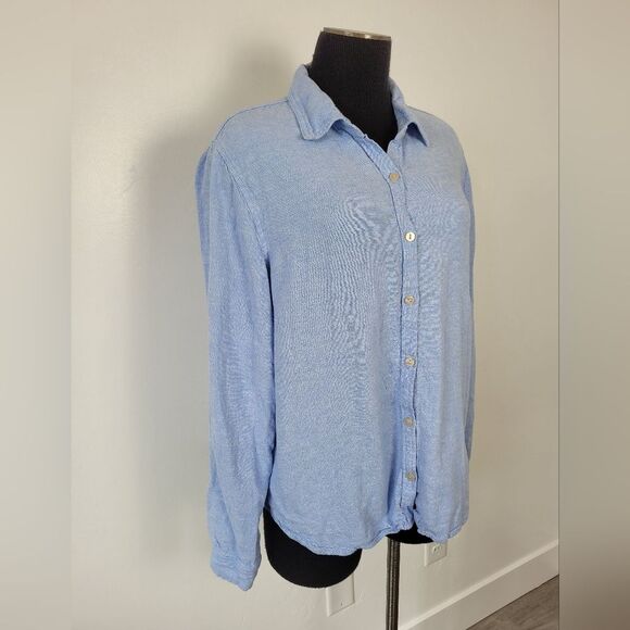 Orvis Linen Blend Button Up Blouse Top Cornflower Blue Summer Lightweight Large - Picture 2 of 9